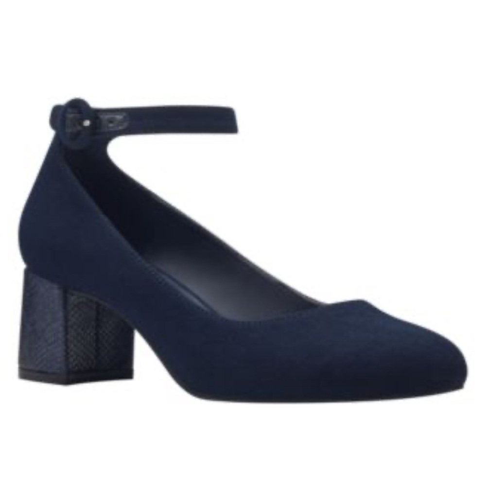 Navy Bandolino Odear Ankle Strap Block Heel Pump Faux Suede Size 6.5 May Jane
